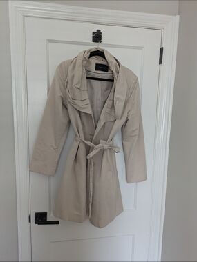 Tahari Light Beige Trench with Draped Collar and Tie